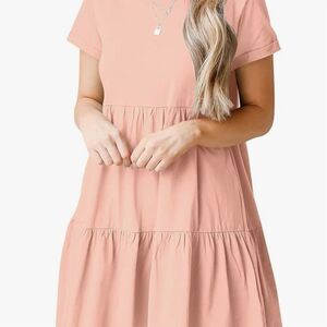 Loveimgs Women's Pink V-Neck Short Sleeve Tiered A-Line Dress S